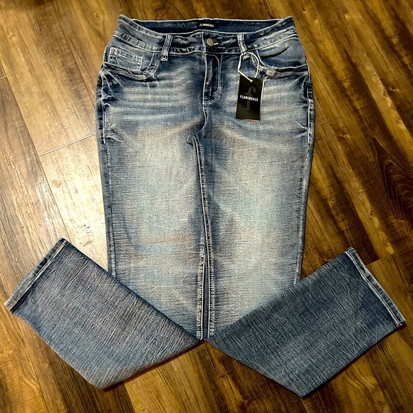 NWT Flamingals Mid Waist Straight Leg Jeans XL (14/16) Distressed Blue Jeans - Picture 1 of 8